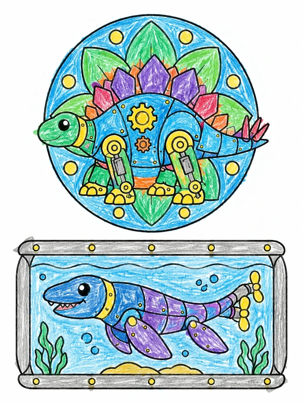Colored example of the Mechanical Stegosaurus And Aquatic Robot coloring page
