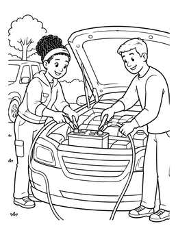 Friendly auto mechanics work together under the hood on this mechanic coloring page.