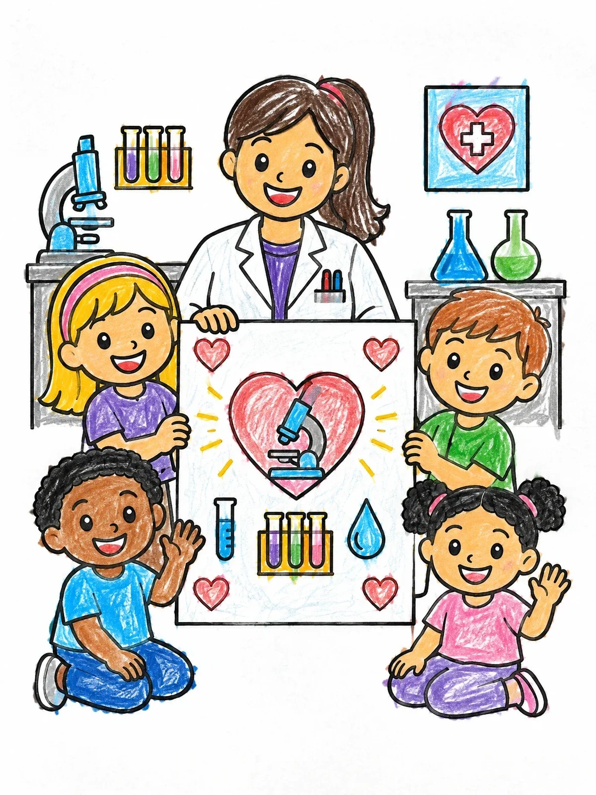 Colored example of the Lab Scientist Celebrating With Happy Children coloring page