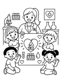 Free printable Lab Scientist Celebrating With Happy Children coloring page