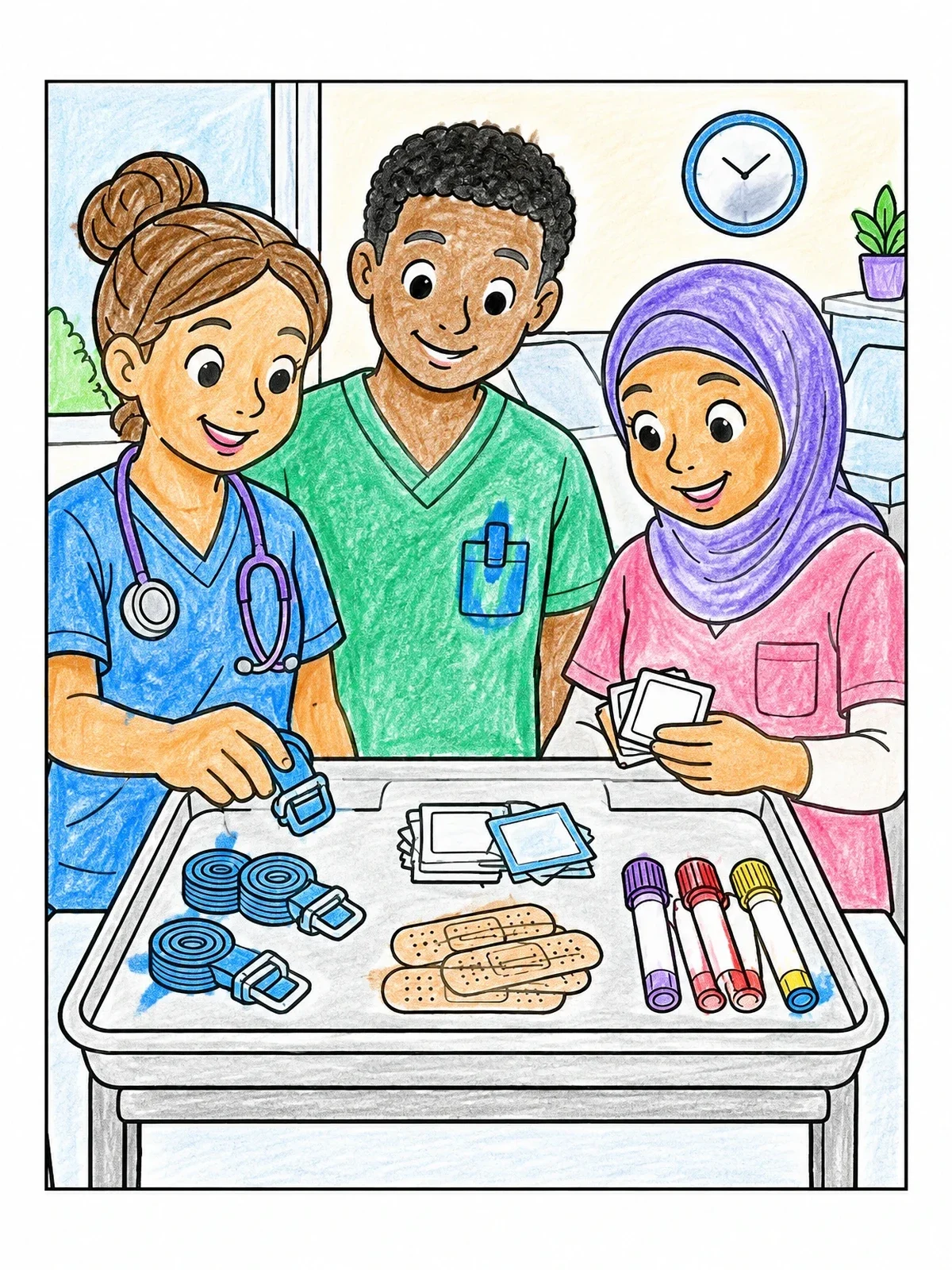 Colored example of the Medical Team Preparing Phlebotomy Tray coloring page