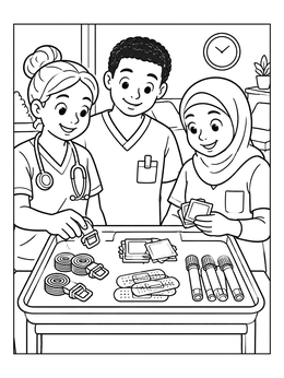 Free printable Medical Team Preparing Phlebotomy Tray coloring page