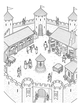 Isometric medieval coloring page showing an inner castle bailey with a forge, stables, and guards.