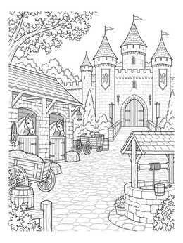 A medieval coloring page showing a cobblestone castle courtyard with stables, horses, and a stone well.