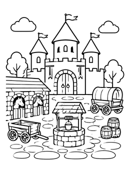 Free printable Bustling Medieval Castle Courtyard coloring page