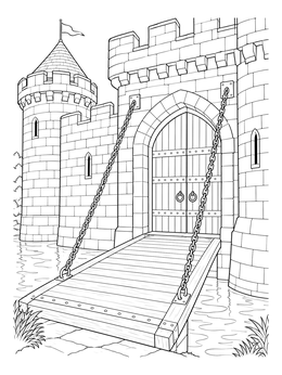 A lowered wooden bridge coloring page leading across a moat to castle gates.
