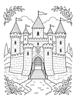 A fairytale castle coloring page with stone towers, flags, and a wooden drawbridge over a moat.