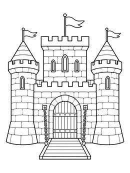 A medieval coloring page showing a stone fortress with towers, flags, and a lowered drawbridge.
