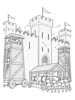 A medieval coloring page showing soldiers using siege towers and a battering ram against castle walls.