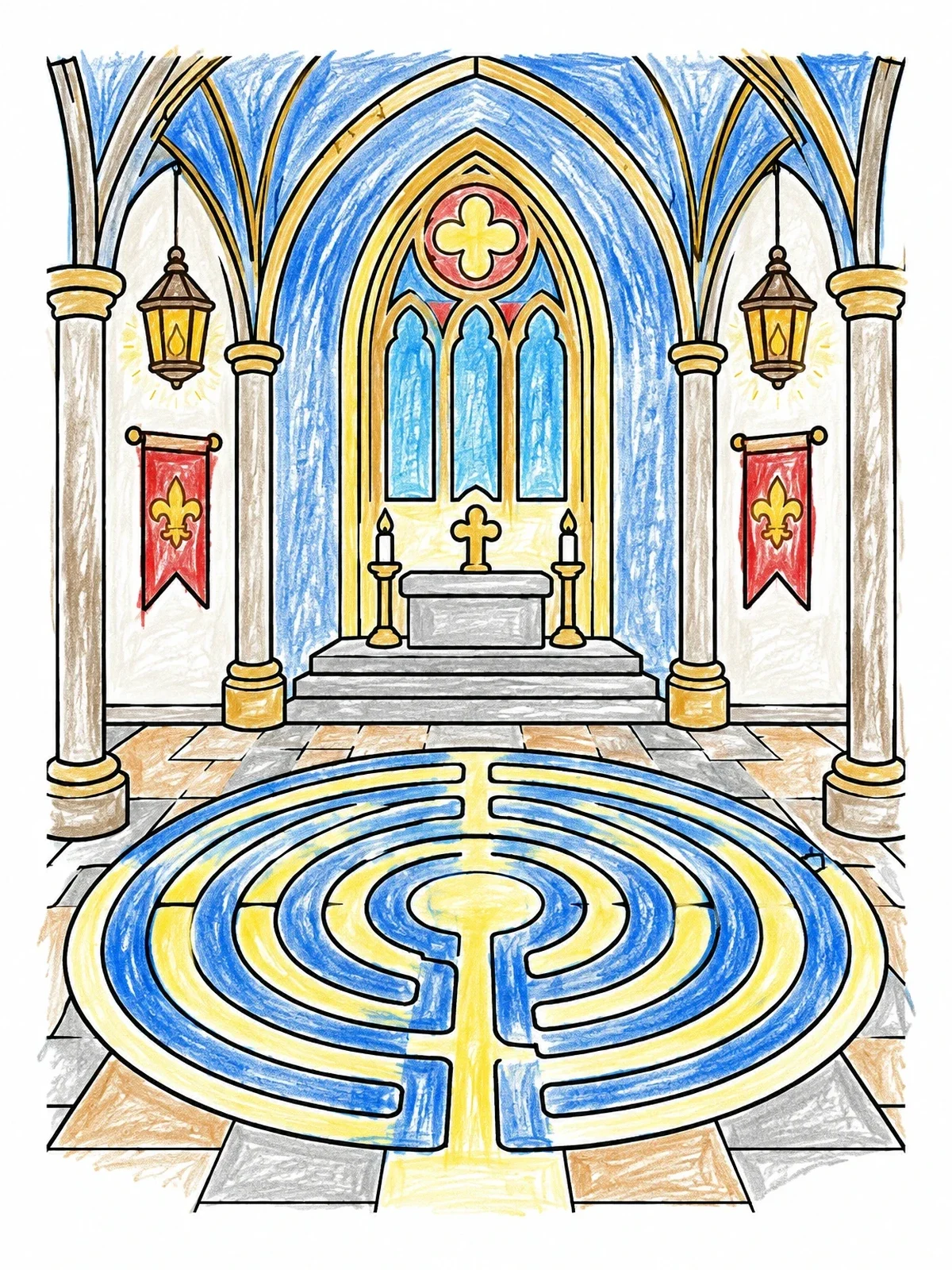 Colored example of the Medieval Cathedral Floor Labyrinth coloring page