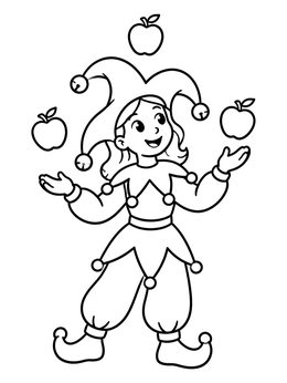 Free printable Cheerful Court Jester Juggling Apples coloring page