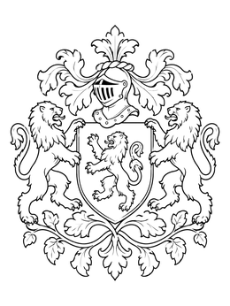A medieval coloring page showing a royal coat of arms with rampant lions and a knight helmet.