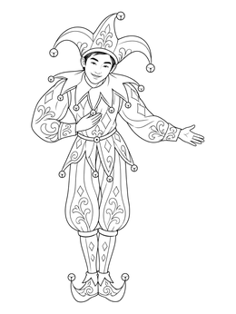 A smiling court jester coloring page featuring a patterned costume with bells.