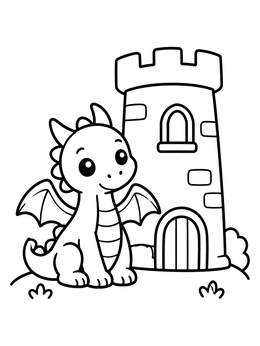 Free printable Cute Dragon Beside Castle Tower coloring page