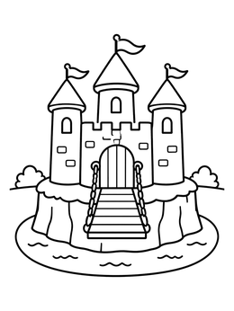 A simple castle on a cliff in a medieval coloring page with drawbridge and flags.