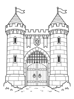 A medieval coloring page showing a stone castle gatehouse with towers and iron portcullis.