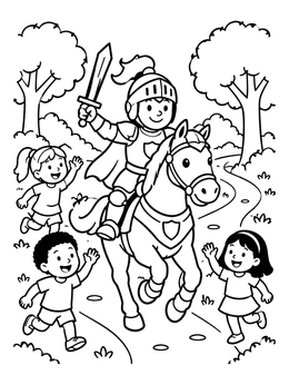 A medieval coloring page with a young knight riding a pony while happy children cheer nearby.