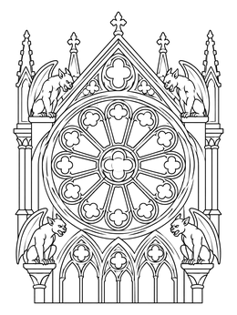 A medieval coloring page showing a gothic cathedral rose window surrounded by stone gargoyles and tracery.