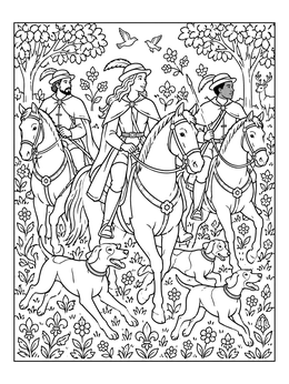Riders with hounds explore a blooming forest in this detailed medieval coloring page.