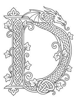 An illuminated medieval coloring page showing the letter D entwined with ivy and a scaled dragon.
