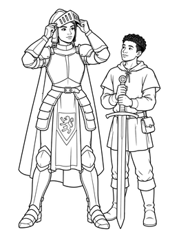 A knight lifts her helmet visor while a squire stands nearby on this medieval coloring page.
