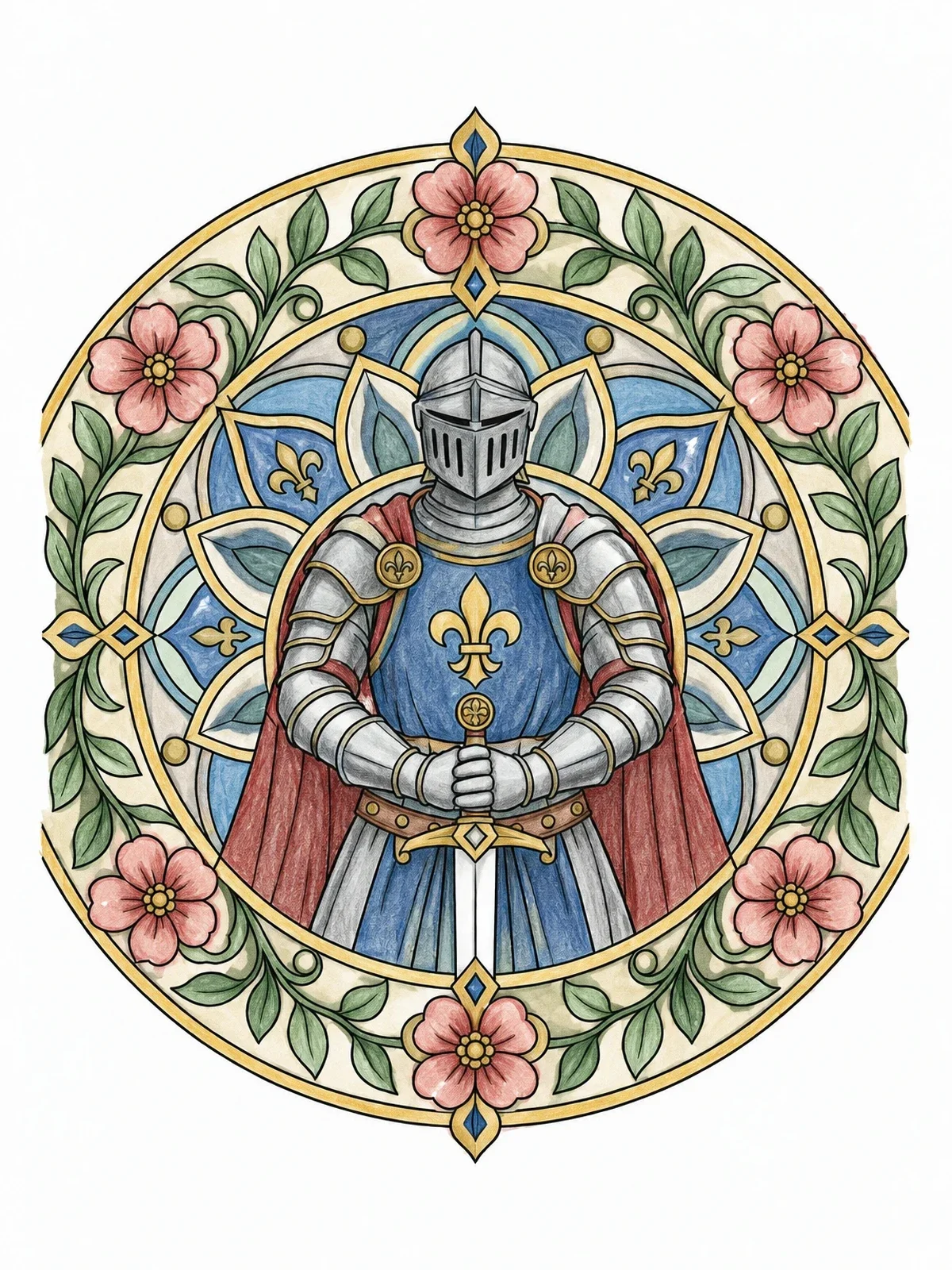 Colored example of the Medieval Knight In Floral Mandala coloring page