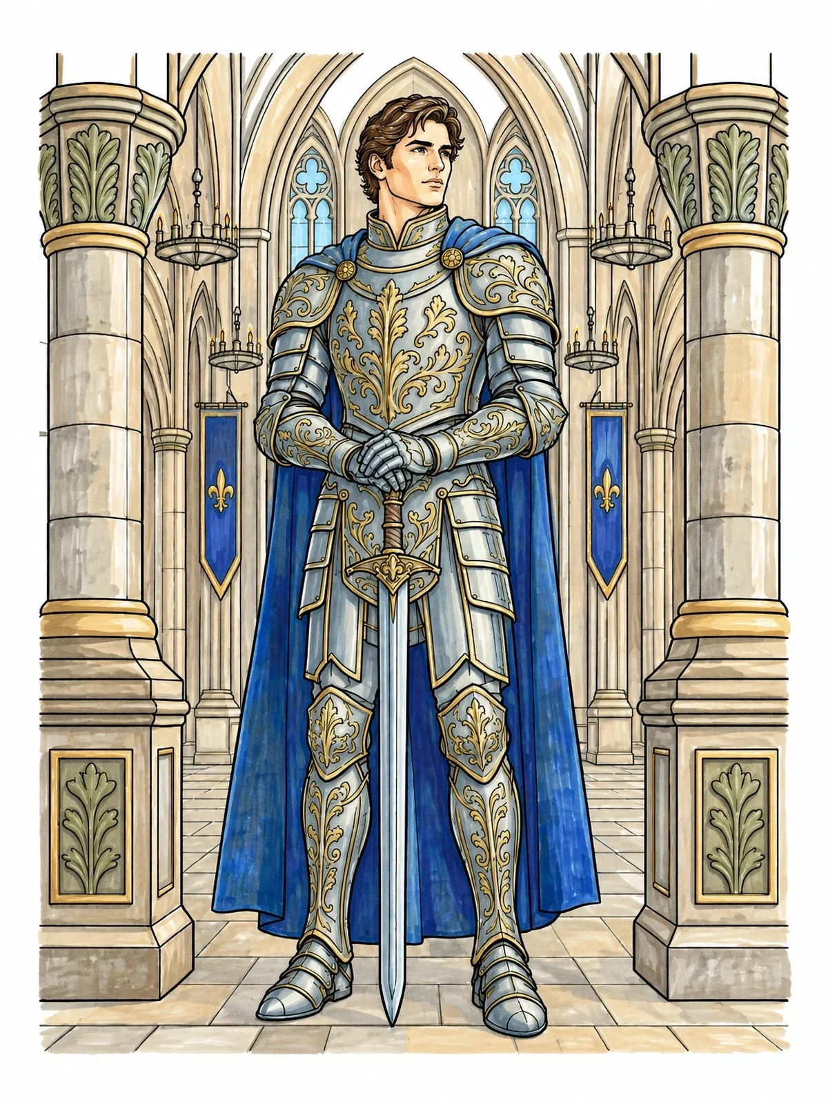 Colored example of the Medieval Knight In Cathedral Hall coloring page