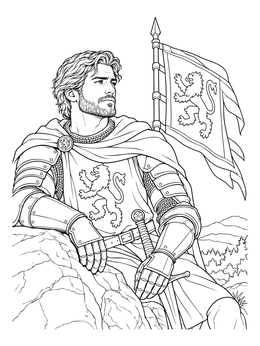 A medieval coloring page of a noble knight in armor resting against a rock beside a lion banner.
