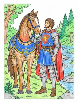 Medieval Knight Beside His Steed Coloring Page