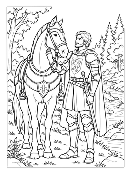 Medieval Knight Beside His Steed coloring page