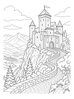 A medieval coloring page showing a stone castle on a mountain cliff overlooking a winding cobblestone path.