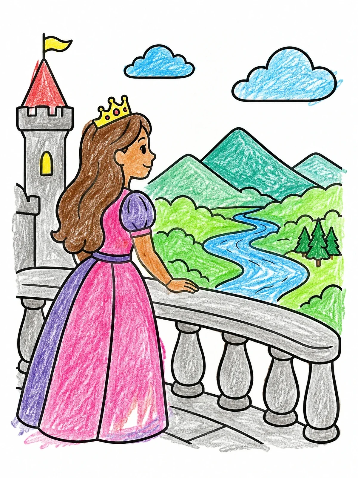 Colored example of the Princess On The Castle Balcony coloring page