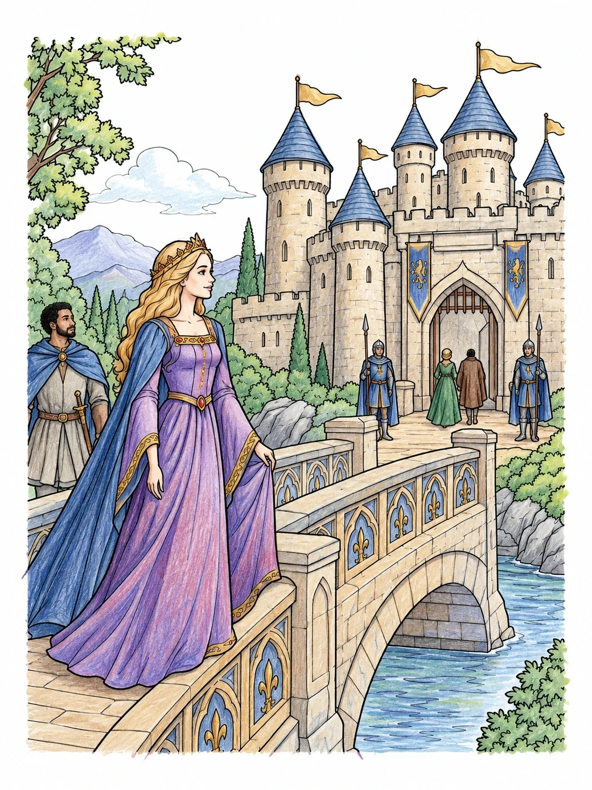Colored example of the Medieval Princess On Castle Bridge coloring page