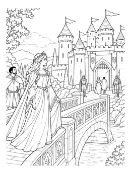A medieval princess coloring page showing royalty walking across an arched stone bridge toward a fortress.