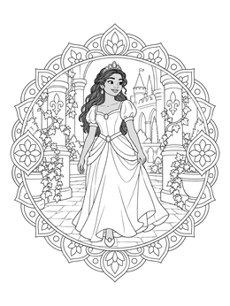 An ornate medieval princess coloring page featuring a royal lady walking through a castle courtyard.