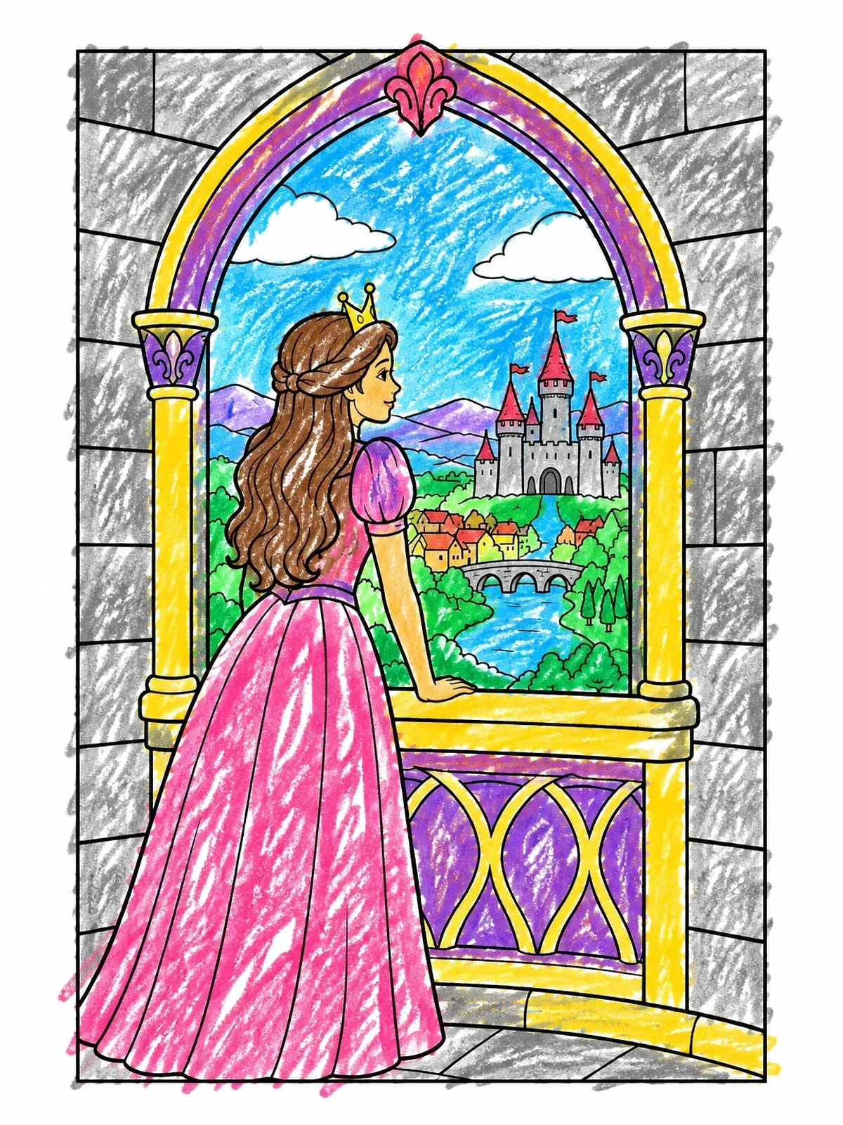 Colored example of the Princess Gazing From Castle Window coloring page