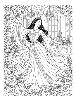 A medieval princess coloring page featuring a graceful lady dancing in a banquet hall.