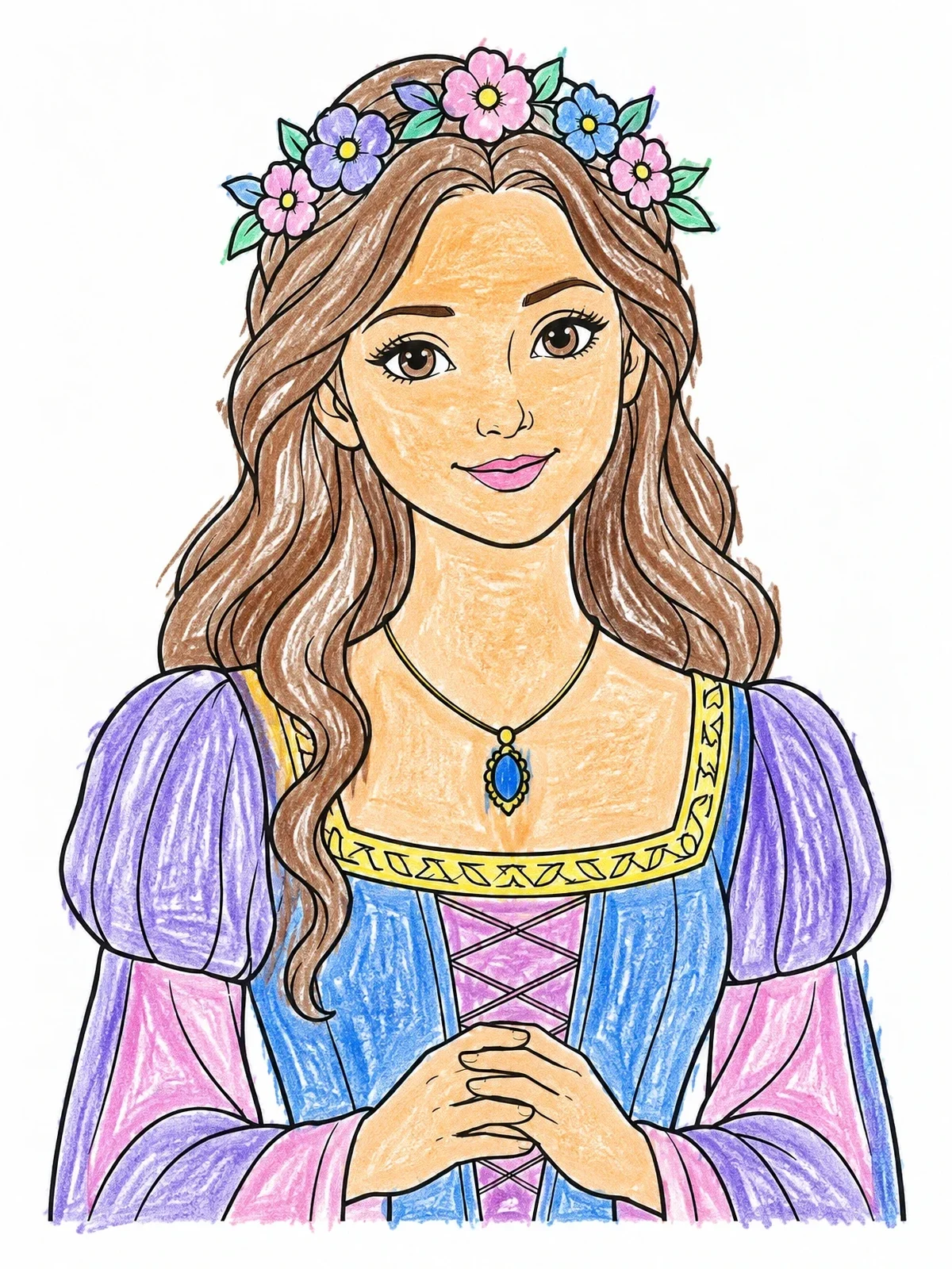 Colored example of the Gentle Medieval Princess With Flower Wreath coloring page