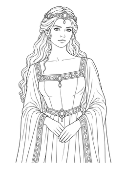Portrait in this medieval princess coloring page of a noblewoman in an ornate gown and circlet.