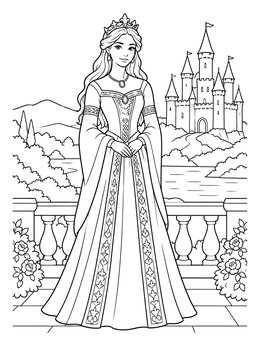 A medieval coloring page of a crowned princess in an elegant gown on a palace terrace.