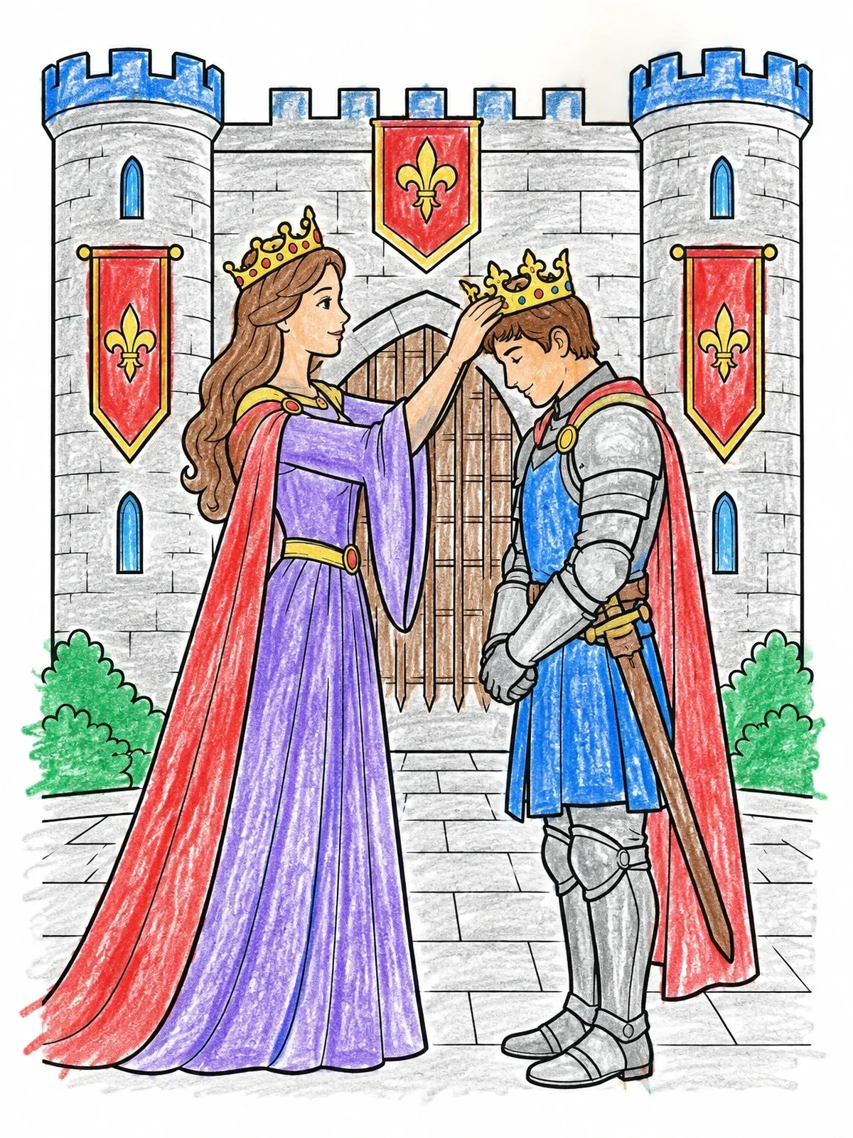 Colored example of the Princess Crowning A Brave Knight coloring page
