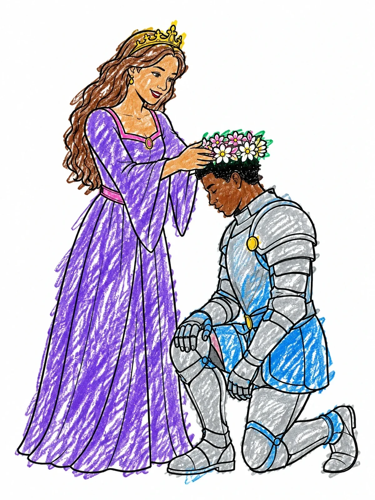 Colored example of the Princess Crowning A Kneeling Knight coloring page