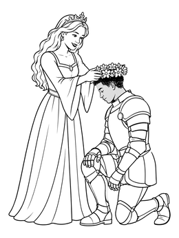 Free printable Princess Crowning A Kneeling Knight coloring page