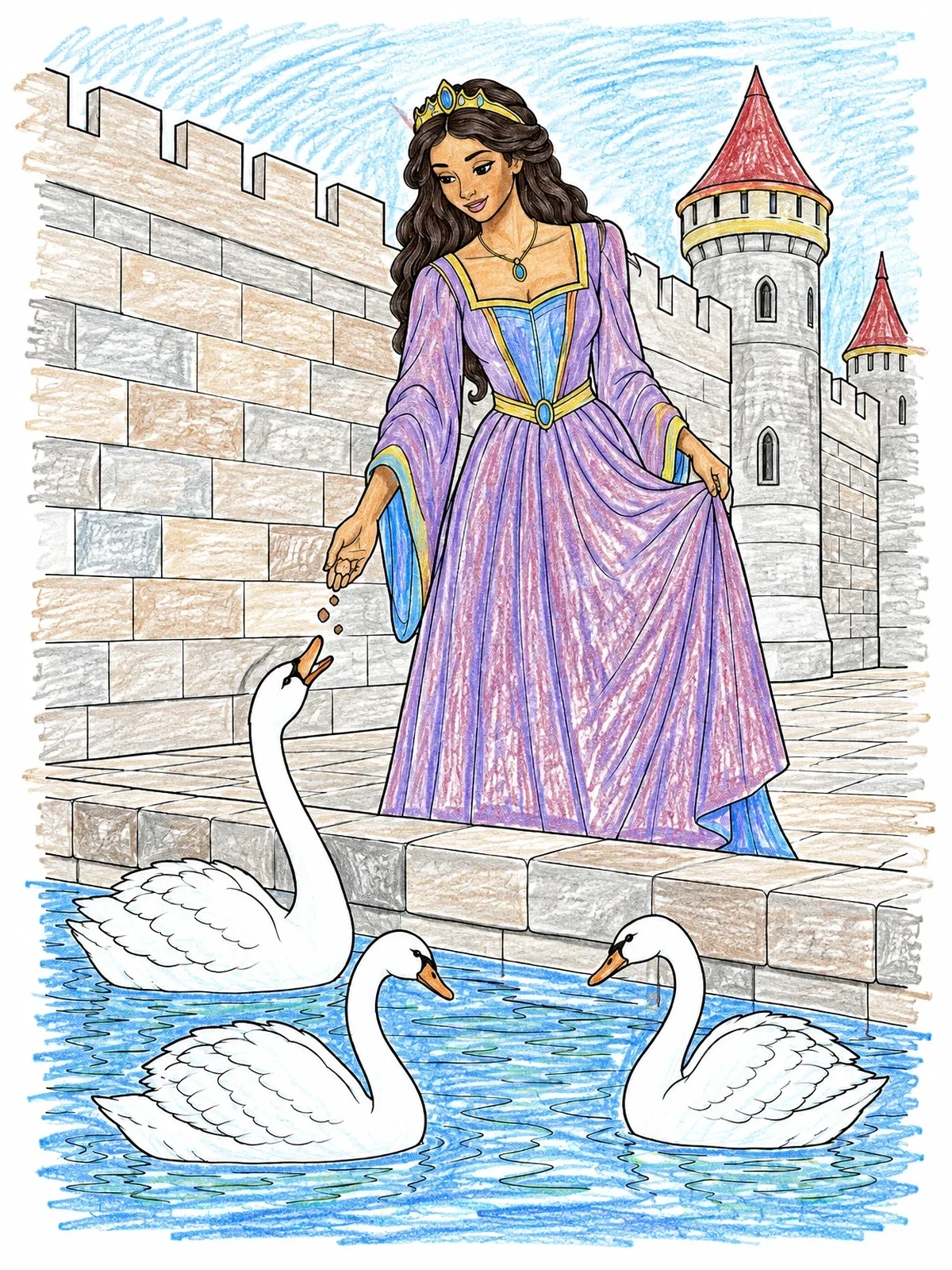 Colored example of the Princess Feeding Swans By Castle coloring page