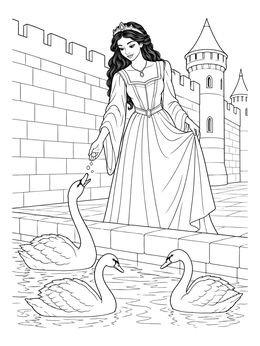 A medieval princess coloring page featuring a royal lady feeding crumbs to swans swimming in the moat.