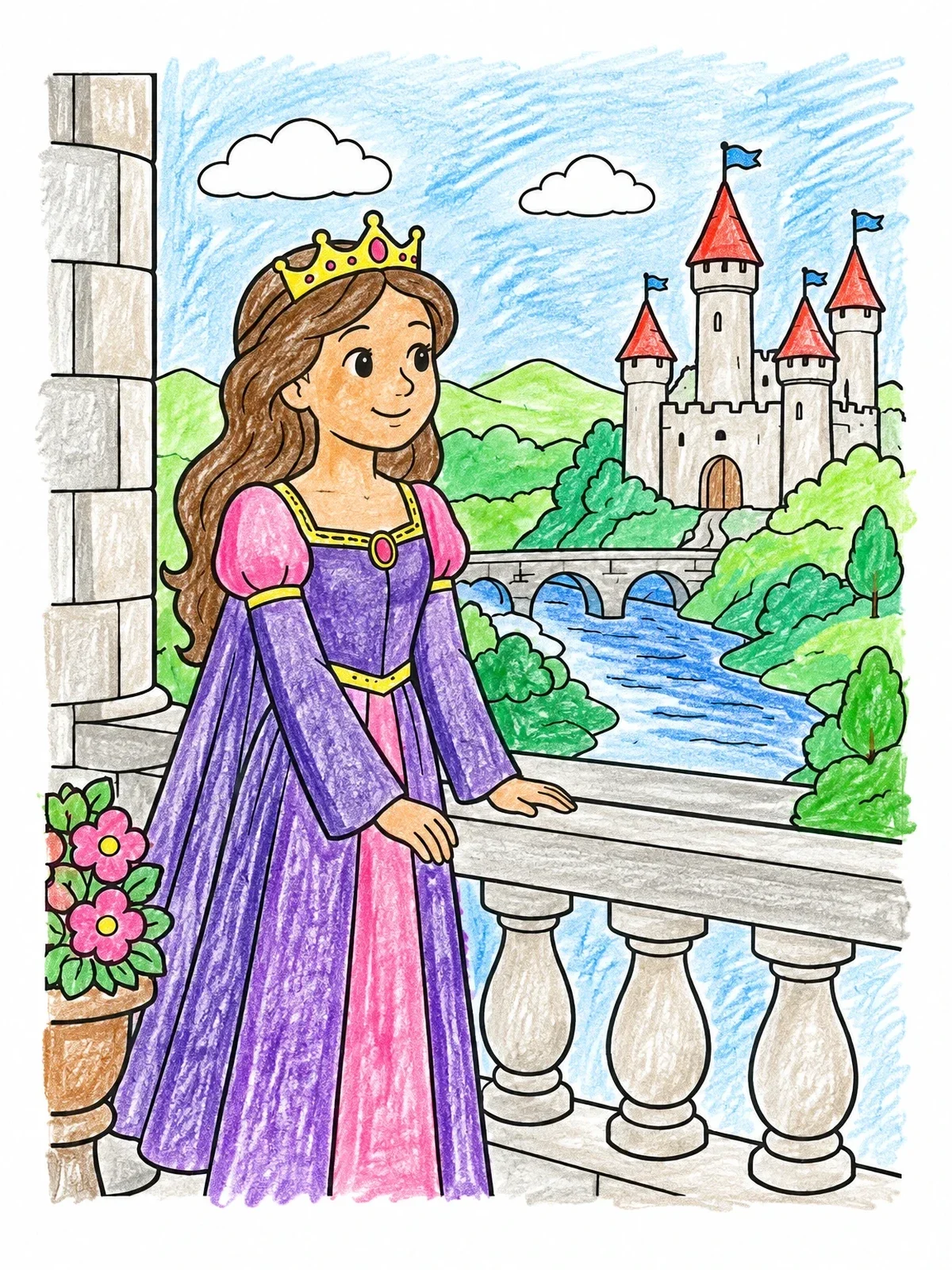 Colored example of the Princess On The Castle Balcony coloring page