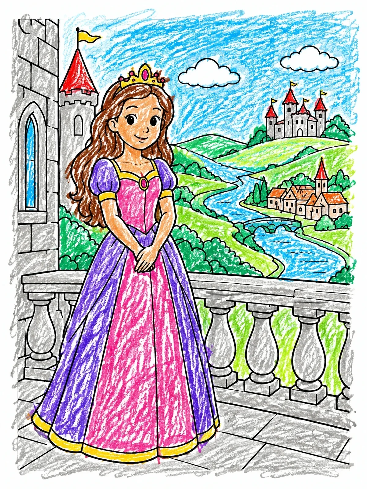 Colored example of the Princess On The Castle Balcony coloring page