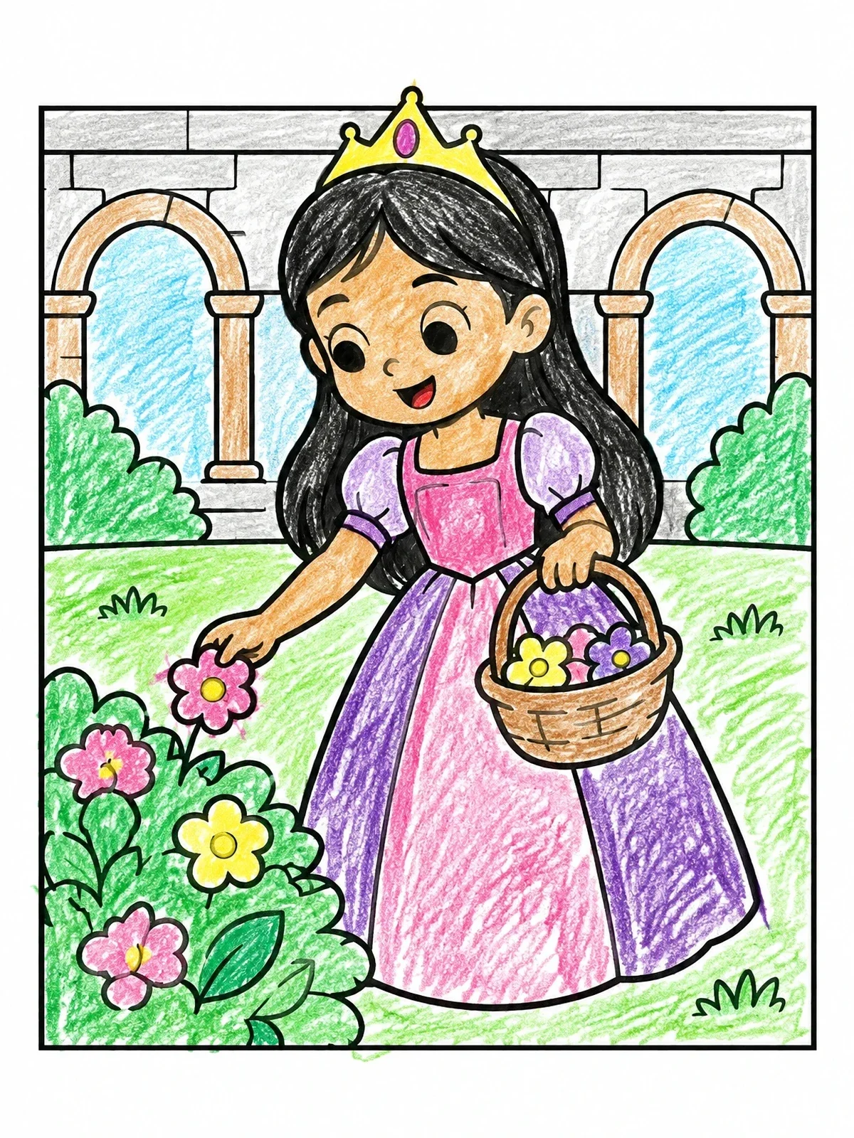 Colored example of the Princess Picking Flowers In Castle Garden coloring page