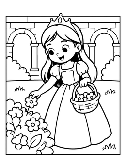 Free printable Princess Picking Flowers In Castle Garden coloring page