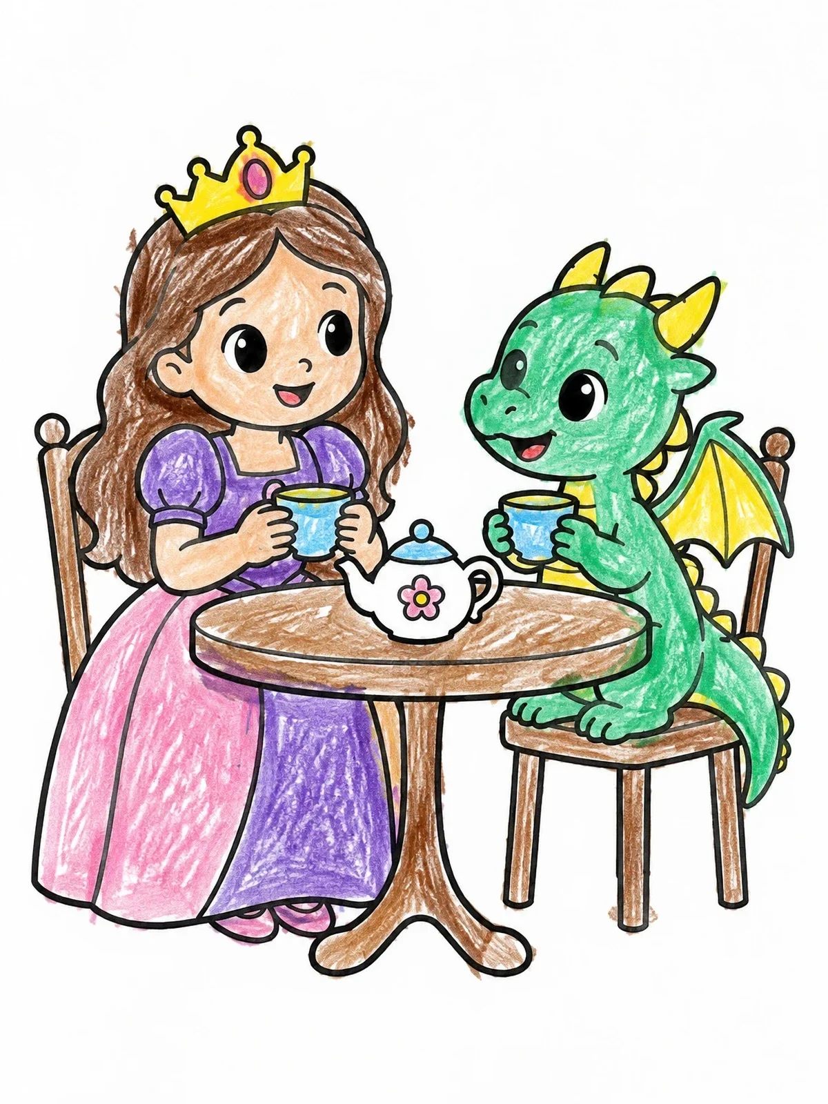 Colored example of the Princess Having Tea With Baby Dragon coloring page